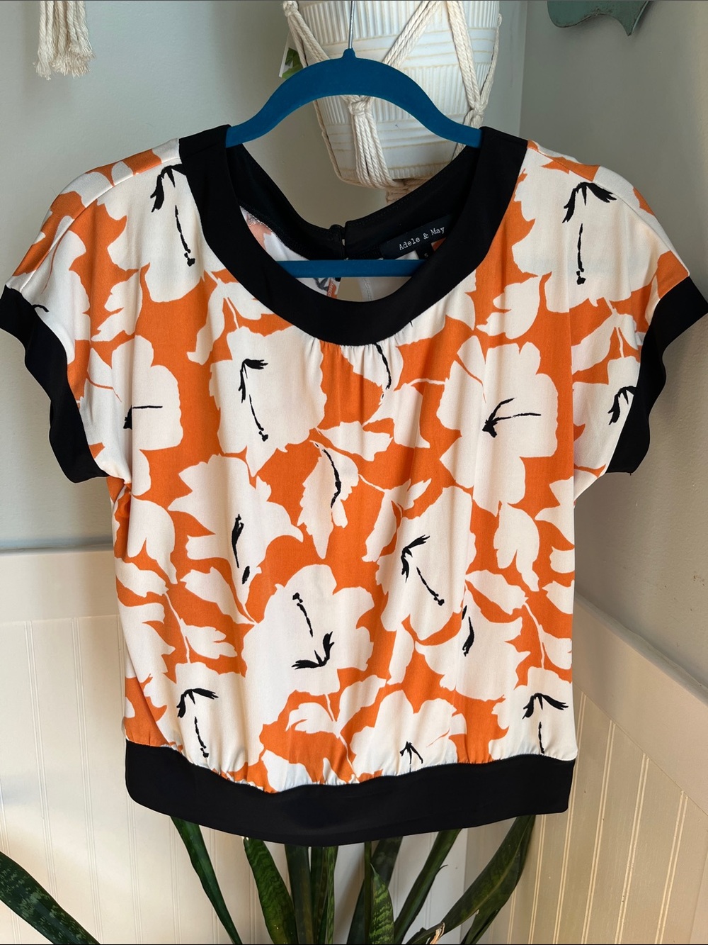 Bright Orange Floral Blouse with Black Trim by Talbots & May